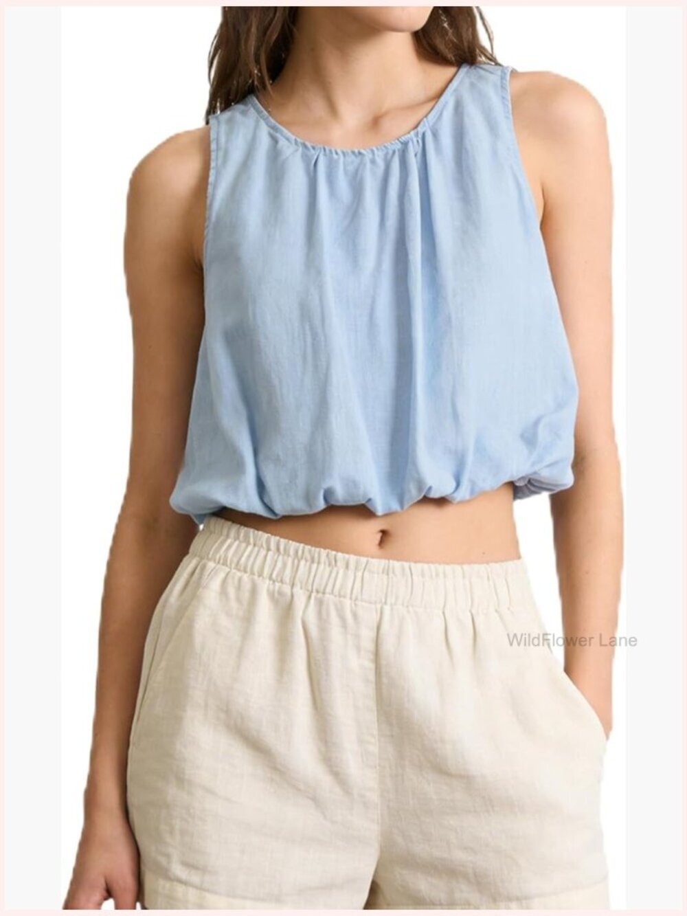 100% Linen Bubble Hem Crop Tank Top Crewneck Sleeveless Blouse